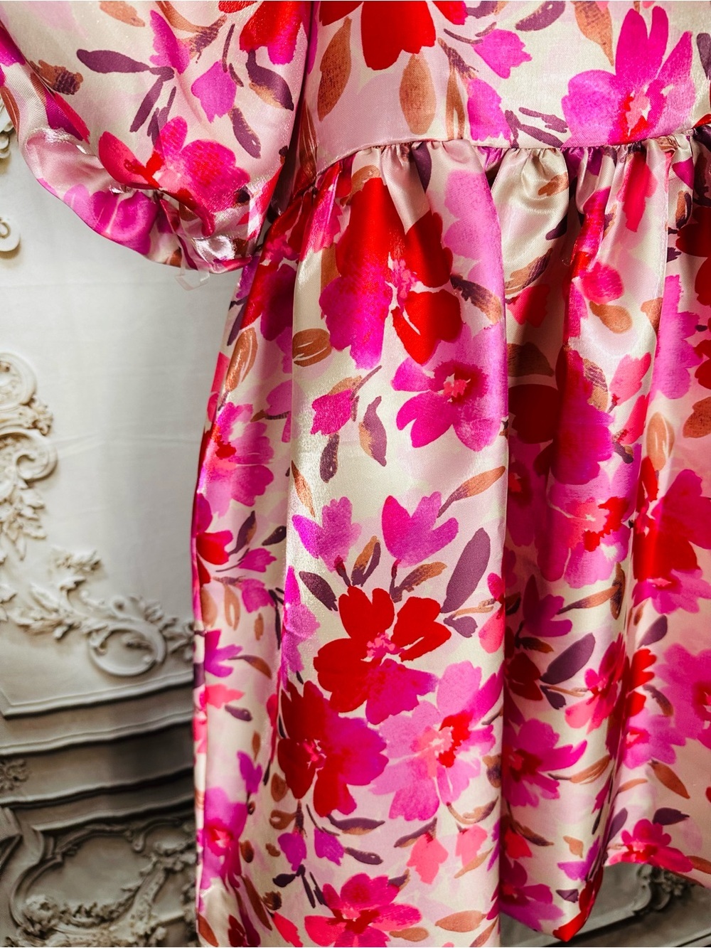 Bonnie Jean Pink & Red Floral Puff-Sleeve Dress - Picture 2 of 16
